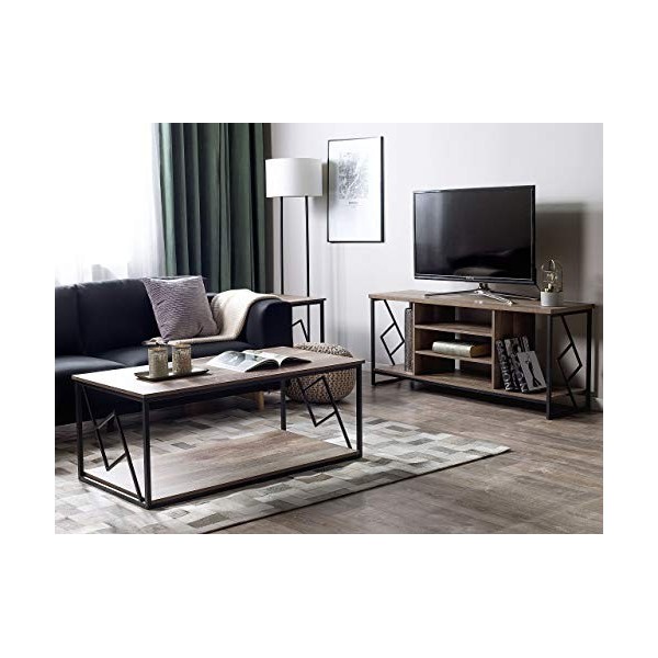 Meuble Tv au Style Industriel Rangement Ouvert 2 Étagères Effet Bois Foncé et Structure Design en Métal Noir Idéal pour Salon