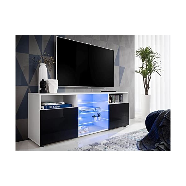 ExtremeFurniture T38 Meuble TV, Carcasse en Blanc Mat/Façade en Noir Brillant + LED Multicolores avec télécommande