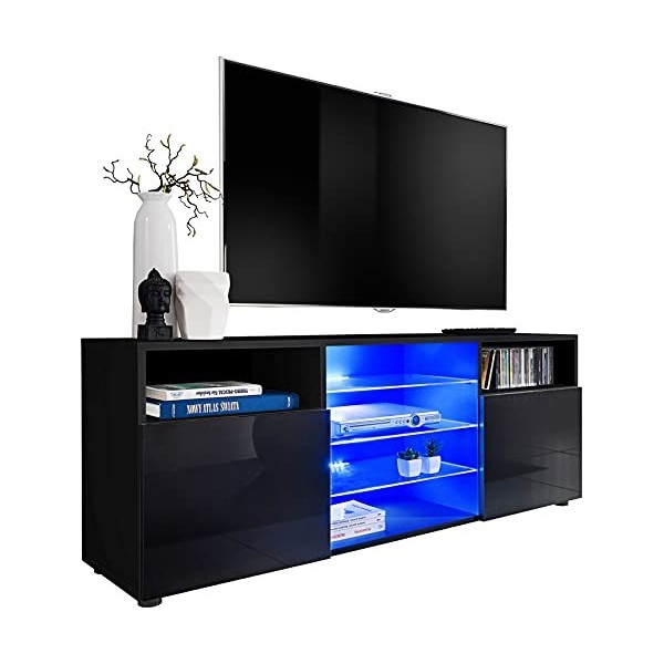 ExtremeFurniture T38 Meuble TV, Carcasse en Noir Mat/Façade en Noir Brillant + LED Multicolores avec télécommande