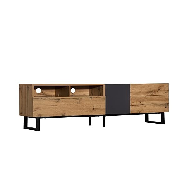 fortuna Lai Meuble TV bas avec grain de bois, lumières LED variables, 3 portes et 2 compartiments, 175 x 31 x 41 cm chêne cl