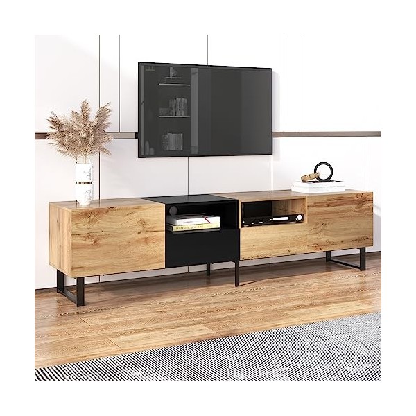 fortuna Lai Meuble TV bas avec grain de bois, lumières LED variables, 3 portes et 2 compartiments, 175 x 31 x 41 cm chêne cl
