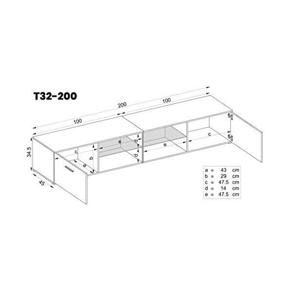 ExtremeFurniture T32-200 Meuble TV, Carcasse en Noir Mat/Façade en Wotan Mat sans LED