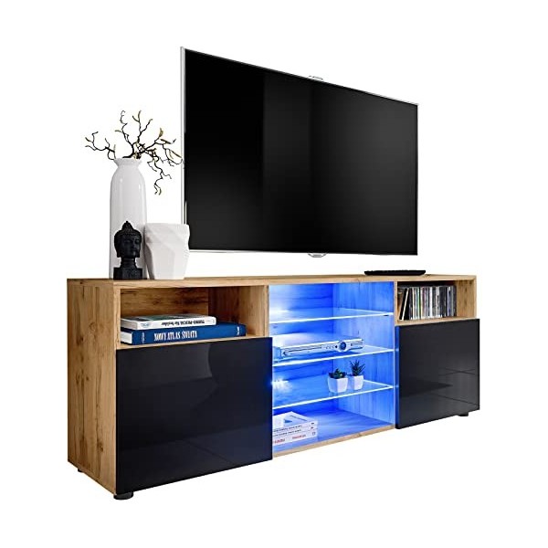 ExtremeFurniture T38 Meuble TV, Carcasse en Wotan Mat/Façade en Noir Brillant + LED Multicolores avec télécommande