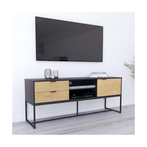 Mobilier-Deco Camila - Meuble TV Industriel 2 tiroirs 1 Porte en Bois Clair et métal Noir