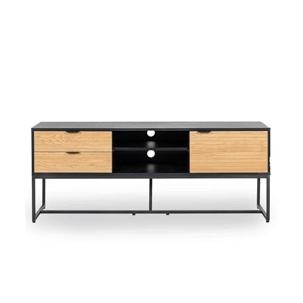 Mobilier-Deco Camila - Meuble TV Industriel 2 tiroirs 1 Porte en Bois Clair et métal Noir