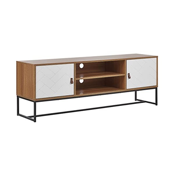 Beliani Meuble TV Effet Bois Clair avec 2 Compatiments à Portes Blanches et Étagère Banquette Télé Fonctionnelle pour Salon M