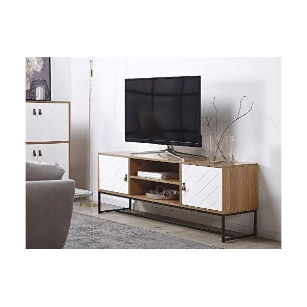 Beliani Meuble TV Effet Bois Clair avec 2 Compatiments à Portes Blanches et Étagère Banquette Télé Fonctionnelle pour Salon M