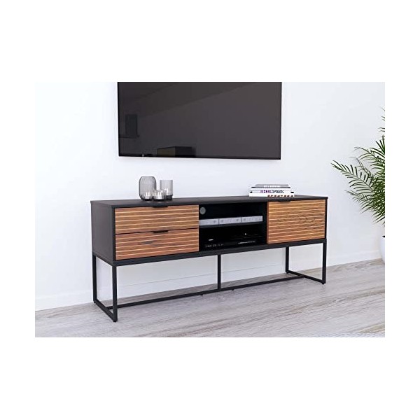 DECO IN PARIS Meuble TV 2 tiroirs 1 Porte en Bois Noyer et métal Noir TISSIA