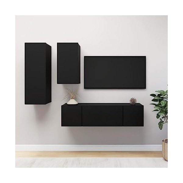 Ensemble de Meuble TV 4 pcs Noir Aggloméré - Table TV Support de Télévision en Bois pour Salon Chambre Salle à Manger