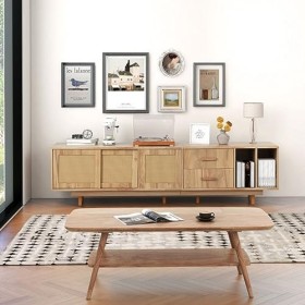 Meuble TV en Rotin pour Téléviseur De 80 Pouces Meuble TV avec 2 Tiroirs Tableaux TV Meuble Bas TV Centre De Divertissement D