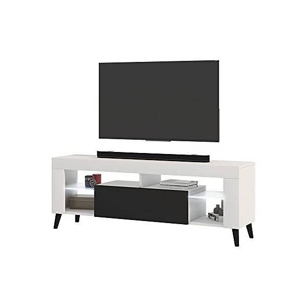 Selsey HugoB - Meuble TV - 140 cm, Blanc Mat / Noir Brillant, LED à Piles - Style Moderne