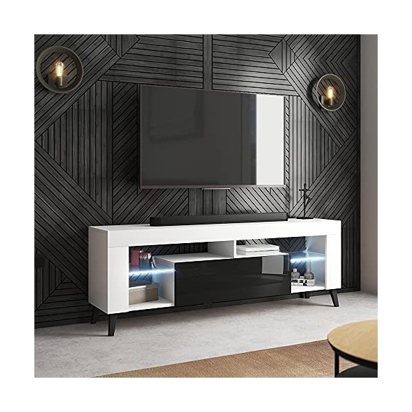 Selsey HugoB - Meuble TV - 140 cm, Blanc Mat / Noir Brillant, LED à Piles - Style Moderne