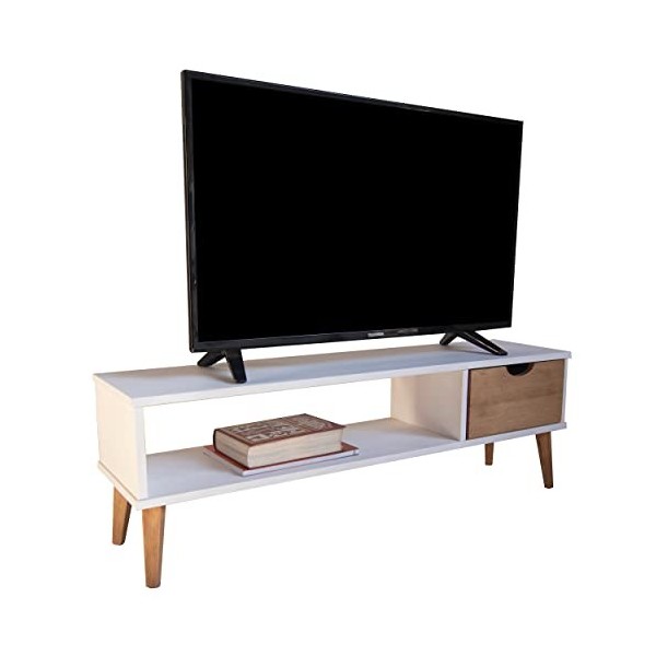 Meuble TV modèle Koke 1 en Bois de pin Naturel Tout Blanc avec Un tiroir et Pieds en Bois 120 x 30 x 41,50 cm