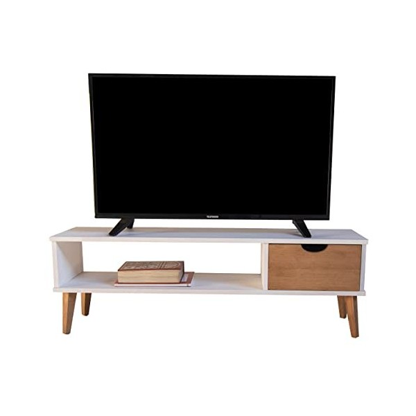 Meuble TV modèle Koke 1 en Bois de pin Naturel Tout Blanc avec Un tiroir et Pieds en Bois 120 x 30 x 41,50 cm