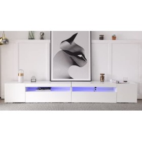 Merax Meuble TV bas 240 cm blanc moderne avec 2 rabats et 2 casiers comme espace de rangement, panneau clair, éclairage LED v