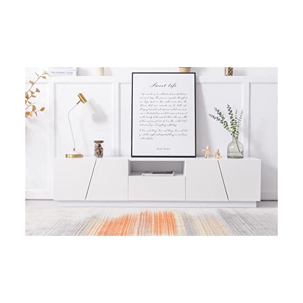 Merax Meuble TV bas 240 cm blanc moderne avec 2 rabats et 2 casiers comme espace de rangement, panneau clair, éclairage LED v