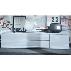 Vladon TV lowboard Linio V2 166,5 x 37,5 x 35 cm Meuble TV avec 2 Portes et tiroirs, Caisson en Blanc Mat, façades en Blanc B