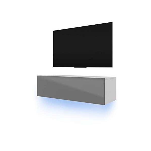 TV Meuble Skylara Blanc Mat/Gris Brillant à Suspendre avec léclairage LED Bleu