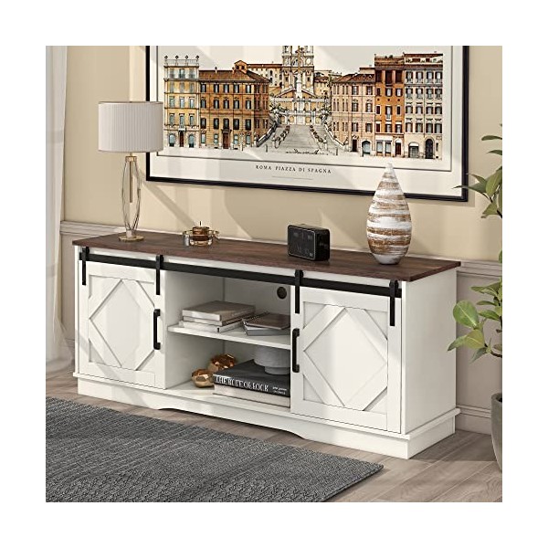 Dolamaní Support TV au design moderne, 150 x 40 x 60 cm, avec 2 portes coulissantes classiques, étagères réglables, durable e