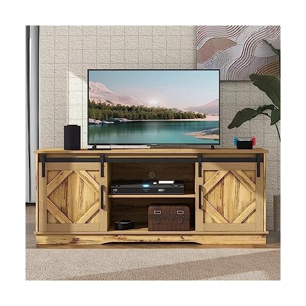 Dolamaní Support TV au design moderne, 150 x 40 x 60 cm, avec 2 portes coulissantes classiques, étagères réglables, durable e