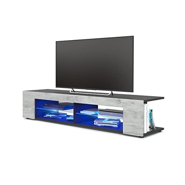 Vladon Buffet Bas Movie, Meuble TV avec 4 Compartiments Ouverts et placages décoratifs, Noir Mat/Aspect Béton Oxyde, éclairag