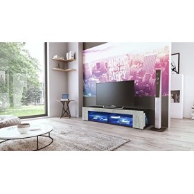 Vladon Buffet Bas Movie, Meuble TV avec 4 Compartiments Ouverts et placages décoratifs, Noir Mat/Aspect Béton Oxyde, éclairag