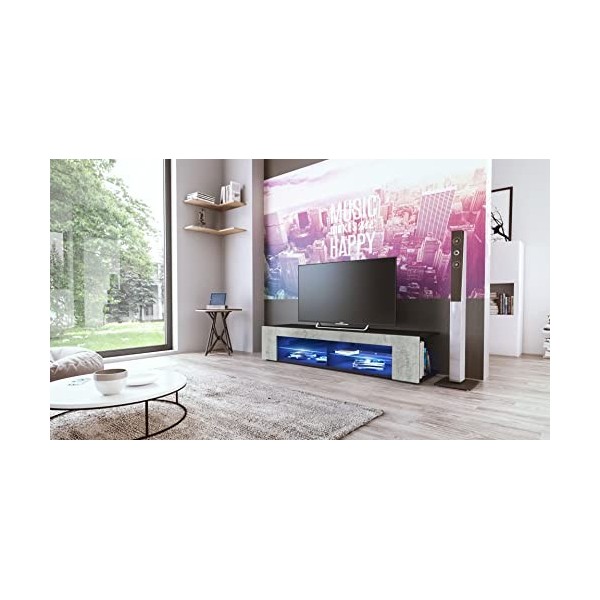 Vladon Buffet Bas Movie, Meuble TV avec 4 Compartiments Ouverts et placages décoratifs, Noir Mat/Aspect Béton Oxyde, éclairag