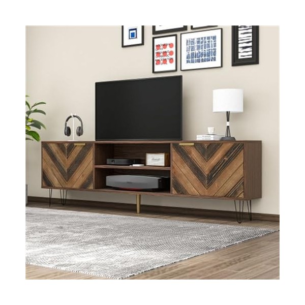 Meuble TV Moderne avec 2 Portes en Placage De Bois Massif Meuble TV avec 2 Étagères Ouvertes Meuble TV Poignées Dorées Et Pie