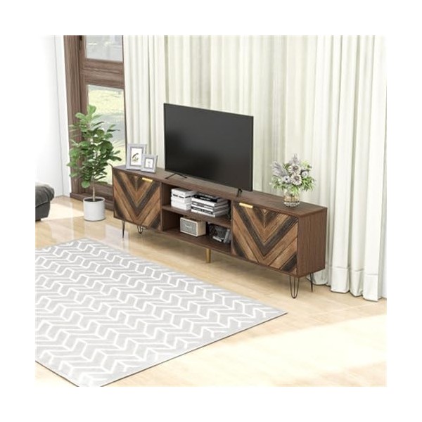 Meuble TV Moderne avec 2 Portes en Placage De Bois Massif Meuble TV avec 2 Étagères Ouvertes Meuble TV Poignées Dorées Et Pie