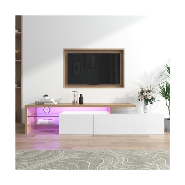 Meuble TV avec 3 Portes Et Étagères Ouvertes Meuble TV Aspect Bois Étagères en Verre Meuble TV Buffet avec Éclairage LED Meub