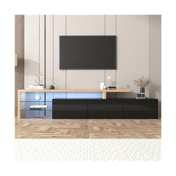 Meuble TV avec 3 Portes Et Étagères Ouvertes Meuble TV Aspect Bois Étagères en Verre Meuble TV Buffet avec Éclairage LED Meub