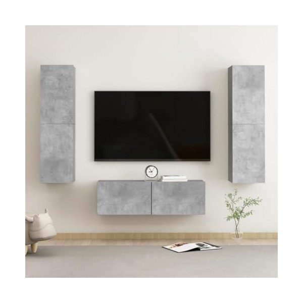 Ensemble de Meubles TV 3 pcs Gris béton Aggloméré - Meuble télé, Meuble TV Industriel, Meuble Chambre, Convient pour Salon ou