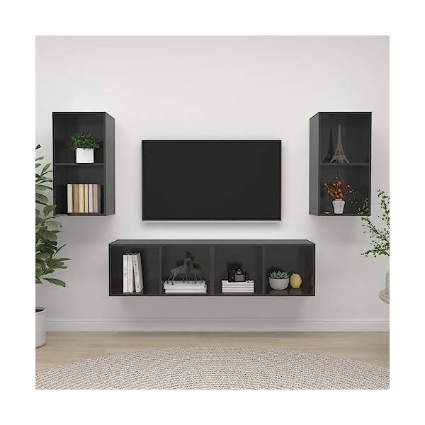 Meubles TV muraux 4 pcs Gris Brillant Aggloméré - Banc TV, Meuble TV Suspendu, Convient pour Salon ou Chambre