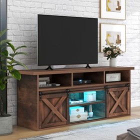 Meuble TV De 1.5 Mètre De Long avec 2 Portes Coulissantes 9 Compartiments De Rangement Et Éclairage LED Extensible Lowboard T