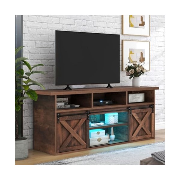 Meuble TV De 1.5 Mètre De Long avec 2 Portes Coulissantes 9 Compartiments De Rangement Et Éclairage LED Extensible Lowboard T