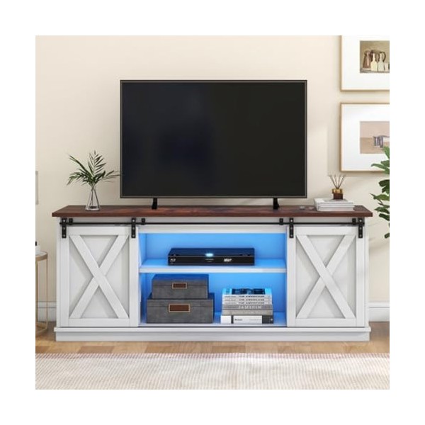 Meuble TV De 1.5 Mètre De Long avec 2 Portes Coulissantes 9 Compartiments De Rangement Et Éclairage LED Extensible Lowboard T