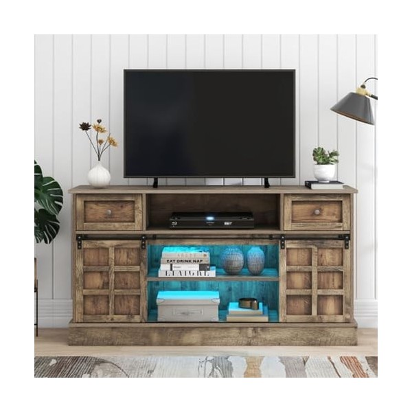 Meuble TV De 1.5 Mètre De Long avec 2 Portes Coulissantes 9 Compartiments De Rangement Et Éclairage LED Extensible Lowboard T