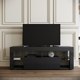 SIRHONA Meuble TV LED Noir, Banc TV 140x35x51cm, Éclairage LED RGB avec Couleur réglable, Capacité de Charge 30 kg, Convient 