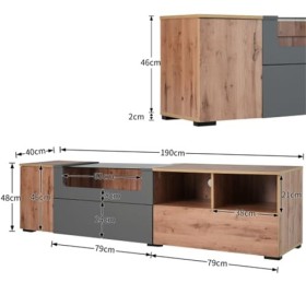Meuble TV avec LED et six tiroirs - 190 x 40 x 48 cm - Gris et bois - Style maison de campagne naturel pour salon et chambre 