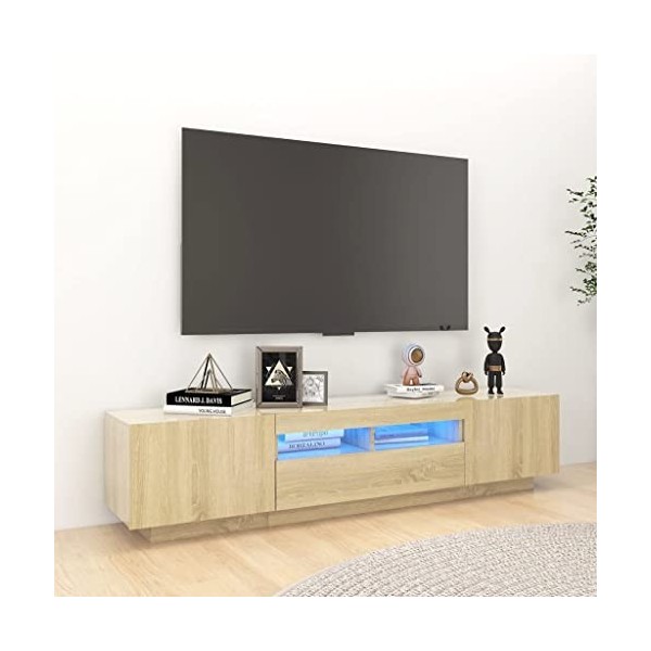 Higsose Meuble TV Salon avec Lumières LED RVB Chêne Sonoma 180x35x40 cm Aggloméré Armoire Multimédia Rangement Ample Ranger S