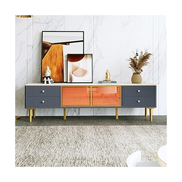 Tcewhhy Meuble TV Aspect Marbre Meuble TV avec 4 Pieds 4 Tiroirs Structurés Poignées Dorées Et 2 Portes Marron en Verre Tremp