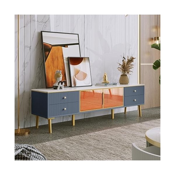 Tcewhhy Meuble TV Aspect Marbre Meuble TV avec 4 Pieds 4 Tiroirs Structurés Poignées Dorées Et 2 Portes Marron en Verre Tremp