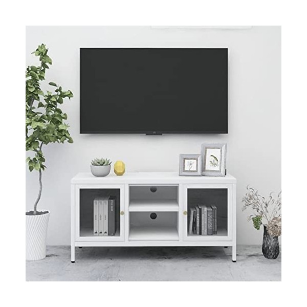 Meuble TV avec 2 Portes | Style Vintage | Rangement matériel télé Audio Video Gaming | 105x35x52cm Blanc