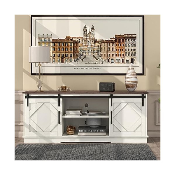 Grand Meuble TV avec 2 Portes Coulissantes Étagères Réglables Meuble TV Buffet Table TV Meuble TV Meuble Bas pour Téléviseurs