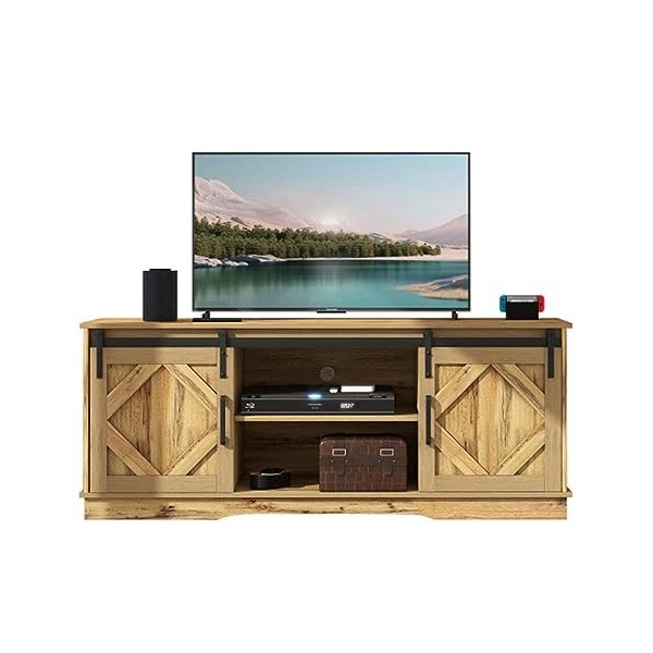 Grand Meuble TV avec 2 Portes Coulissantes Étagères Réglables Meuble TV Buffet Table TV Meuble TV Meuble Bas pour Téléviseurs
