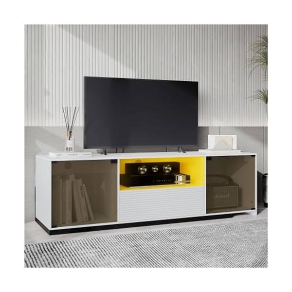 Meuble TV avec éclairage LED et portes coulissantes pour TV de 60" - Plateau de table avec structure en marbre et design en v