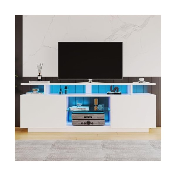Meuble TV pour téléviseur de 60" avec barre LED et tiroirs - Portes blanches brillantes avec étagères en verre - 140 x 35 x 6