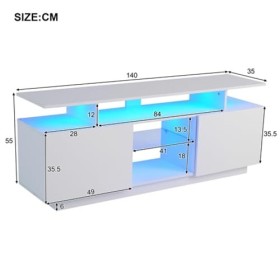 Meuble TV pour téléviseur de 60" avec barre LED et tiroirs - Portes blanches brillantes avec étagères en verre - 140 x 35 x 6