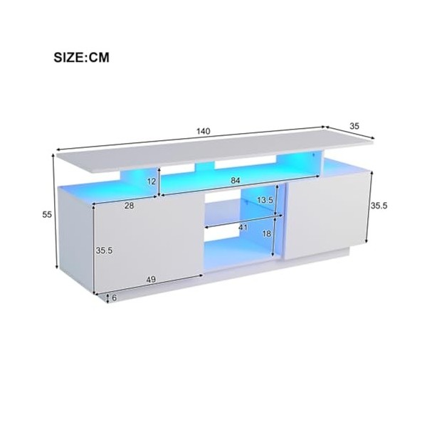 Meuble TV pour téléviseur de 60" avec barre LED et tiroirs - Portes blanches brillantes avec étagères en verre - 140 x 35 x 6
