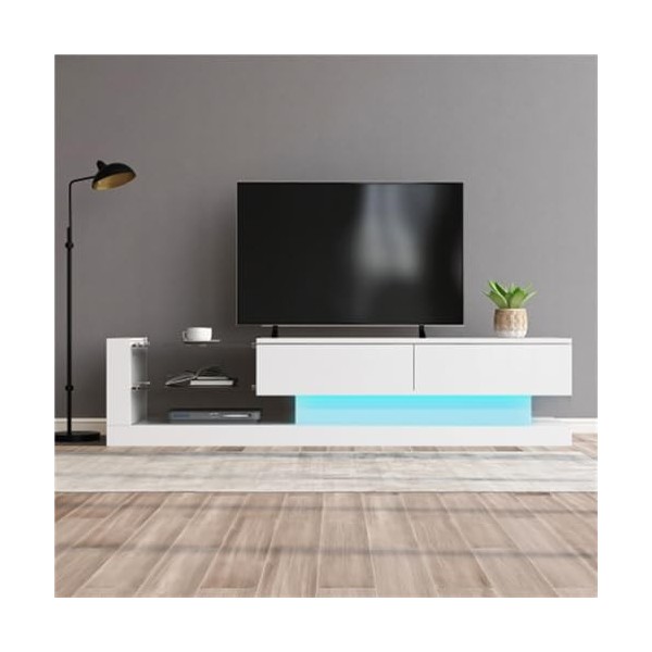 Meuble TV blanc brillant 140 x 38 x 38 cm - Convient pour TV de 60" - Avec éclairage LED et grand espace de rangement - Avec 